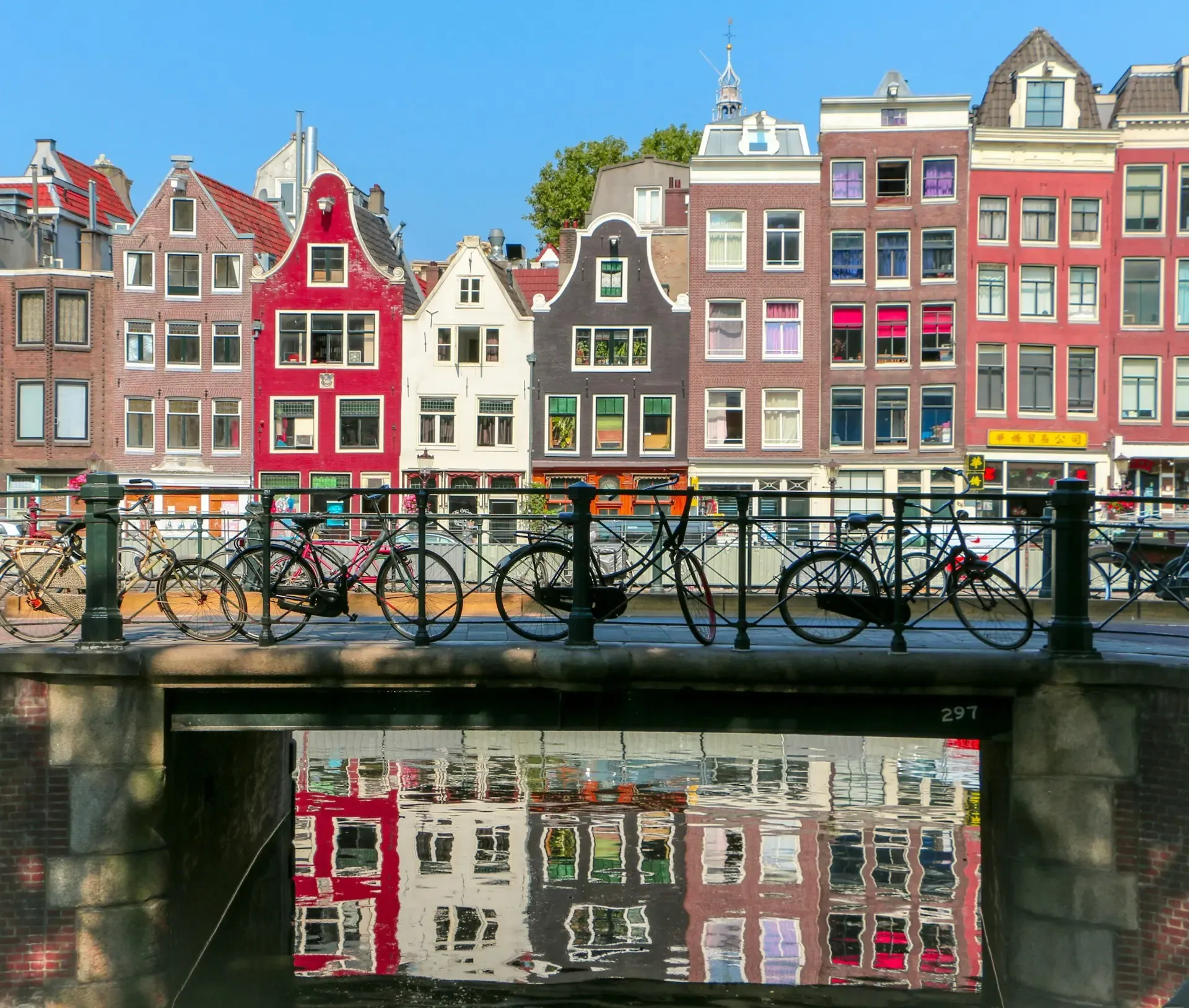 Casas tradicionales junto al canal con bicicletas aparcadas en un puente en Ámsterdam
